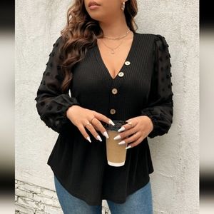 NEW! Botton front V-neck, sheer dotted long sleeve blouse.